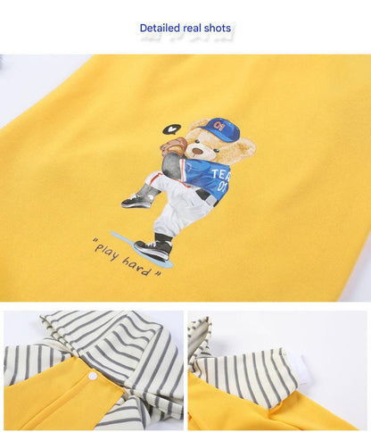 Autumn/Winter Dog Clothes - Grey Hoodie with Striped Hood & Baseball Bear (Size - 4XL)
